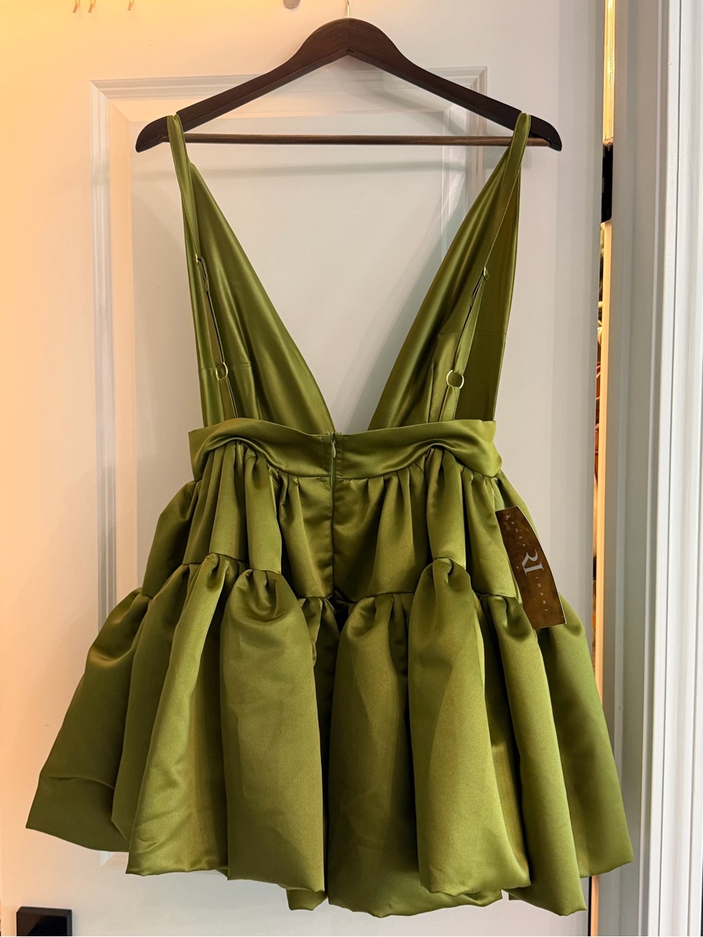 Olive Green Satin Mini Dress with Ruffled Skirt